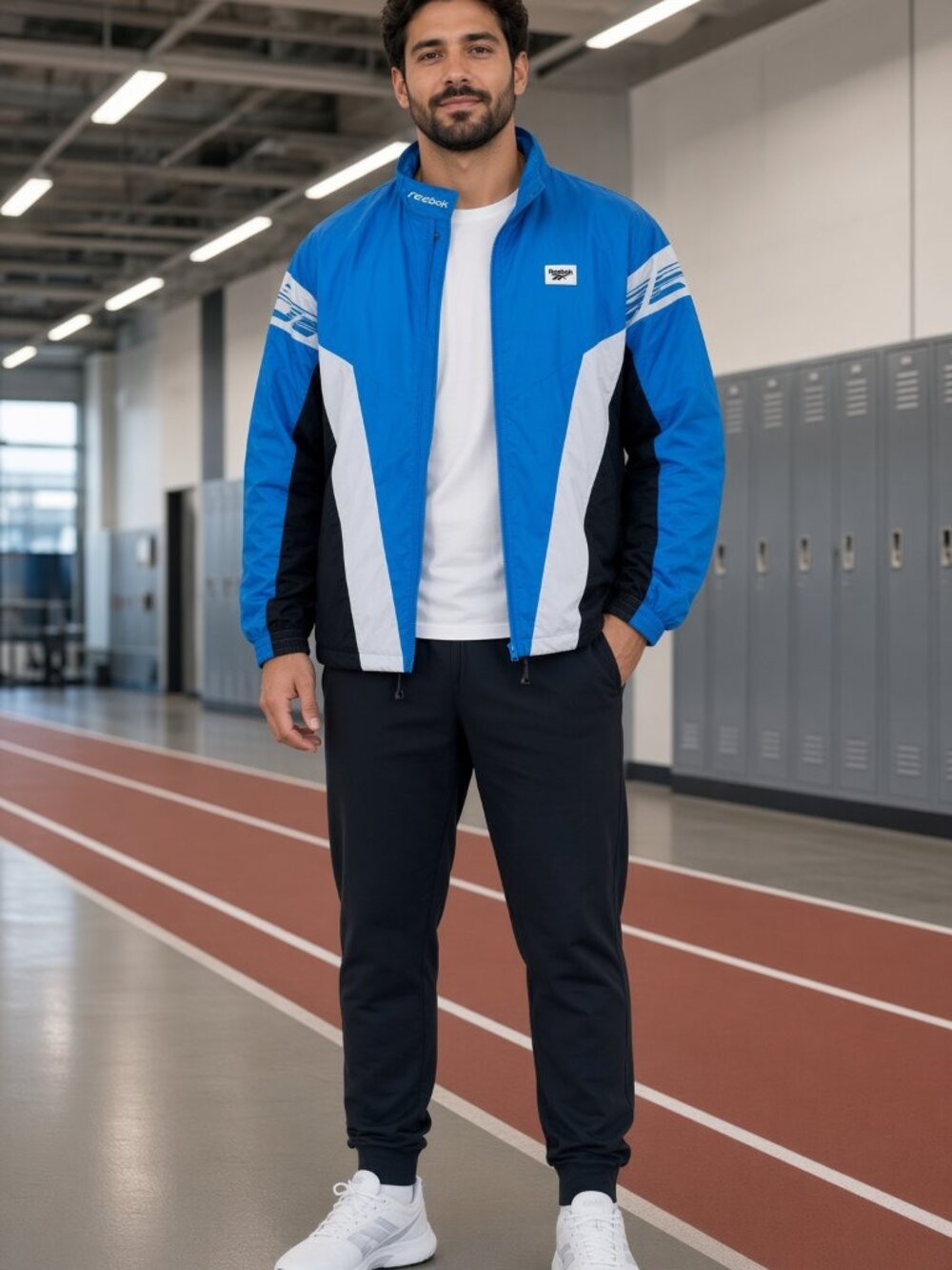 Reebok Classic Men Blue Black White Zip Track Jacket Windbreaker US S